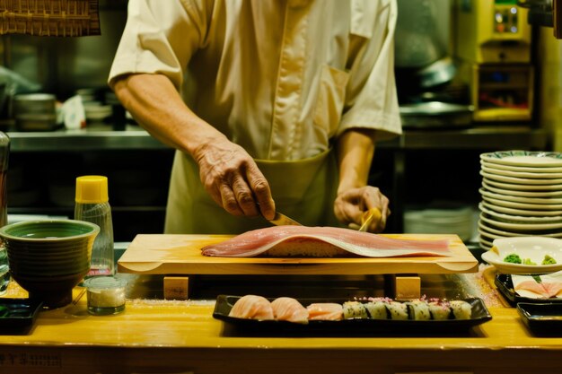 Wykwalifikowany doświadczony japoński szef kuchni przygotowuje sushi rolls tradycyjna kuchnia restauracja bistro