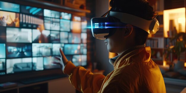 Wykwalifikowany gracz używający VR goggle łączący się w programie Visual World aig