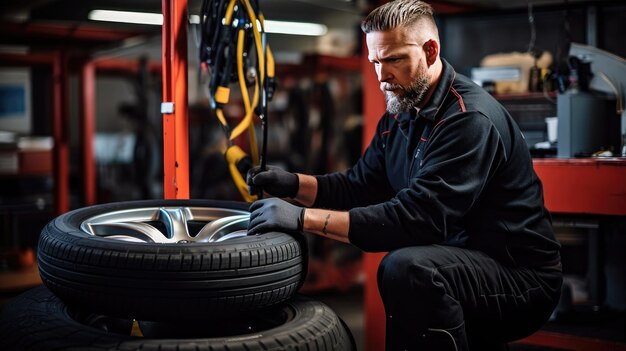 Wykwalifikowany mechanik w pracy Profesjonalny mechanik fachowo zajmuje się wymianą opon w warsztacie samochodowym, zapewniając, że pojazdy są wyposażone w odpowiednie opony na ten sezon