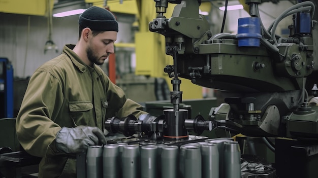 Wykwalifikowany robotnik fabryczny w fabryce rowerów noszący hełm stojący w ciężkim zakładzie przemysłowym