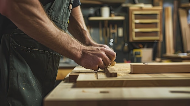 Wykwalifikowany rzemieślnik tworzący szafki kuchenne na zamówienie rzemiosłowe obróbki drewna precyzyjne ręcznie wykonane szafki do udoskonalenia domu spersonalizowane generowane przez AI