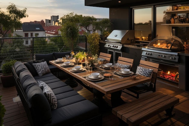 Wykwintna ławka do grillowania na balkonie i posiłki na świeżym powietrzu generatywnej IA