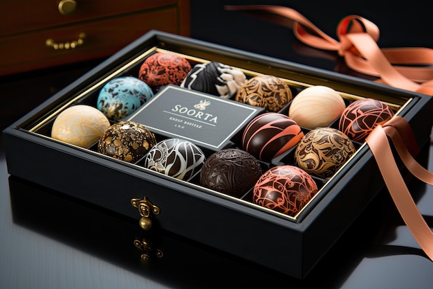 Wykwintna wystawa rzemieślniczych czekoladek w eleganckiej cukierni generatywnej IA