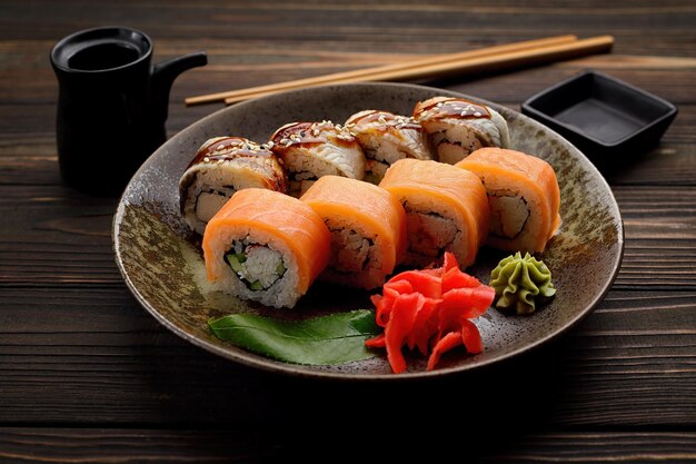 Wykwintne rolki sushi z tradycyjnymi dodatkami z wasabi i imbirem