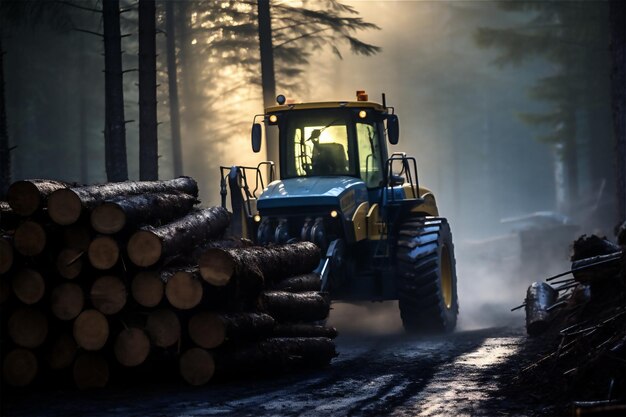 Zdjęcie wylesianie na obszarach wiejskich niszczenie lasów ciężkim sprzętem i pozyskiwaniem drewna