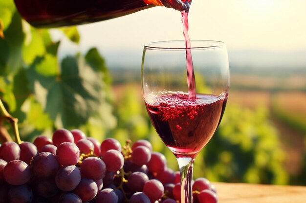 Wylewanie soku z winogron do szklanki z jesiennymi liśćmi winogron na tle