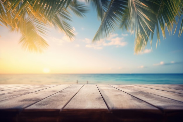 Wymarzony wypoczynek na słonecznej plaży z palmami i spokojnymi falami Idealny do reklam podróżniczych Drewniany stół AI Generative