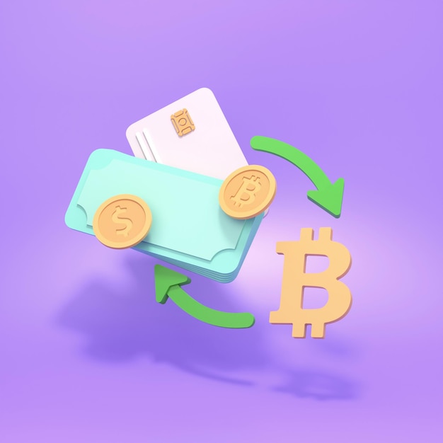 Wymień pieniądze na bitcoiny. Koncepcja konwersji pieniędzy. ilustracja renderowania 3D.