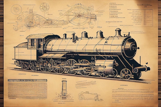 Zdjęcie wynalazek plan pociągu na papierze vintage generative ai