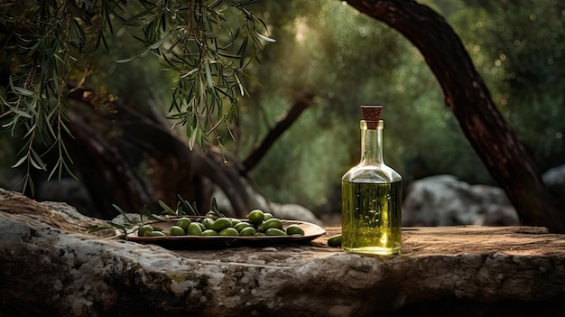 Wyobraź sobie butelkę oliwy z oliwek na drewnianym stole umieszczonym pomiędzy lasem oliwnym