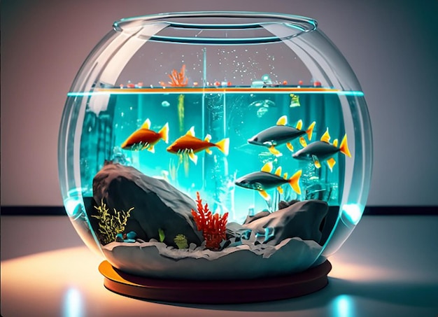 Zdjęcie wyobraź sobie domowe akwarium, w którym zastosowano technologię inteligentnego szkła, aby stworzyć iluzję pływających ryb