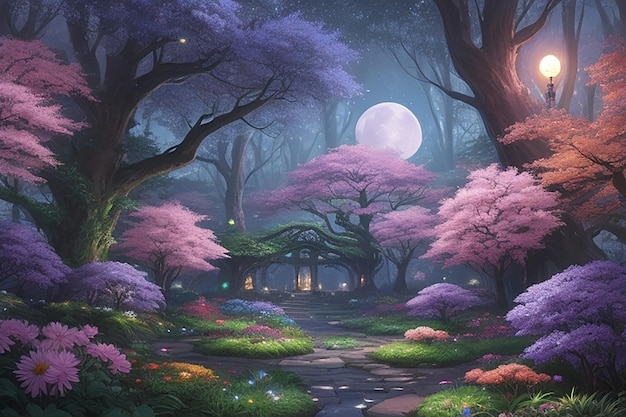 Wyobraź sobie mistyczny las pełen żywych kwiatów i bujnej zieleni, oświetlony łagodnym blaskiem księżyca.