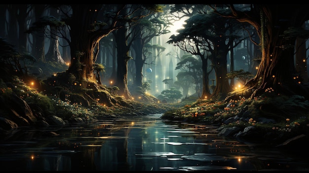 Zdjęcie wyobraź sobie mistyczny las, w którym rosną drzewa