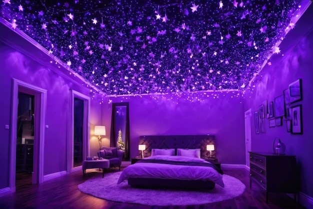 Wyobraź sobie pokój z fioletowymi gwiazdami i światłami zwisającymi z sufitu