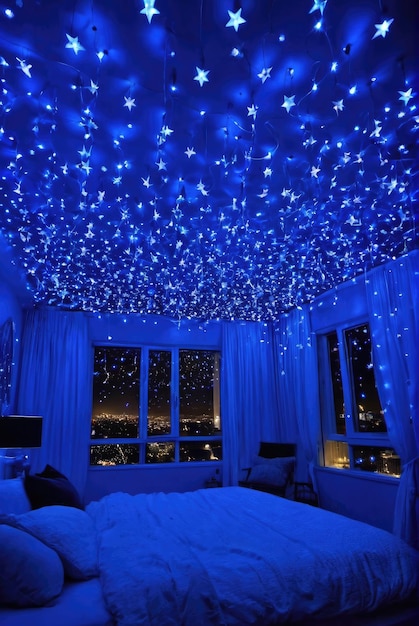 Wyobraź sobie pokój z niebieskimi gwiazdami i światłami zwisającymi z sufitu