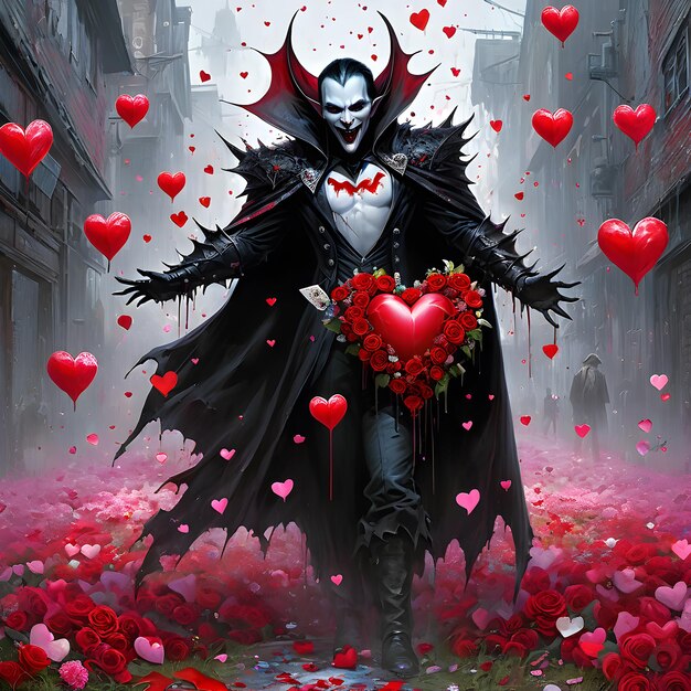 Wyobraź sobie przerażającego wampira HorrorCore, stworzenie nocy trzymające piękne serca Walentynek.