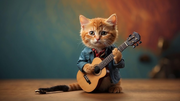 Wyobraź sobie solowy występ kieszonkowego kota na gitarze, skupiony na maleńkim muzyku.