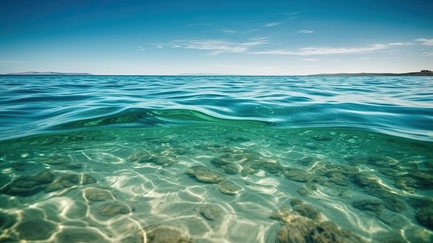 Wyobraź sobie spokojną powierzchnię oceanu w słoneczny dzień ze spokojnymi wodami Generative AI