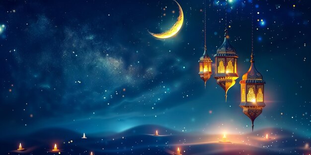 Wyobraź sobie spokojną scenę Ramadanu z tradycyjnymi latarniami emitującymi ciepły blask na tle gwiezdistego nocnego nieba i półksiężyca, wszystkie kąpane w spokojnym niebieskim zmierzchu.