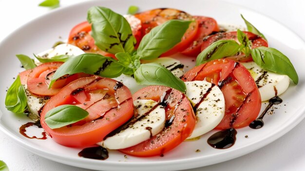 Wyobraź sobie żywą sałatkę Caprese z dojrzałymi, soczystemi pomidorami, świeżymi kawałkami mozzarelli i bujną liśćmi bazylii.
