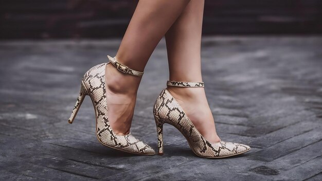 Wyodrębnione kobiece buty na wysokim obcasie z wzorem węża skórzanego