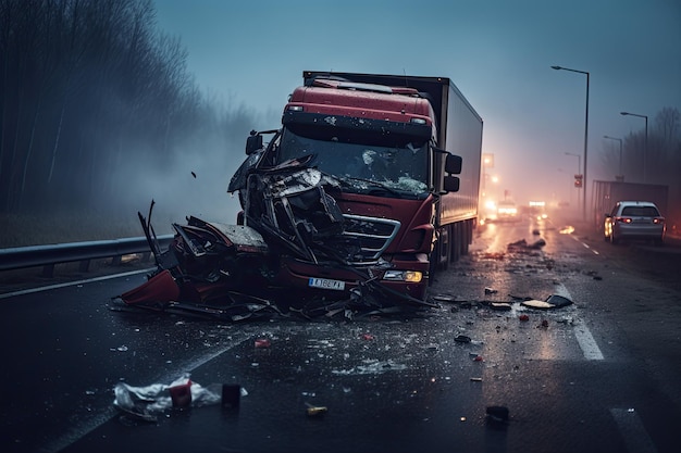 Wypadek samochodowy na drodze w nocy z mgłą w tle Wypadek samochodowy z ciężarówką TIR na drodze AI Wygenerowano