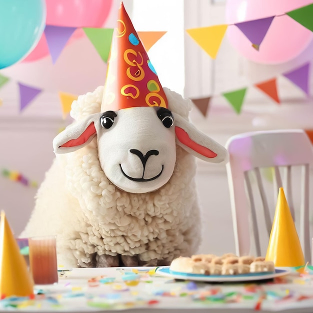 Wypchana owieczka w imprezowym kapeluszu siedzi przy stole z jedzeniem.