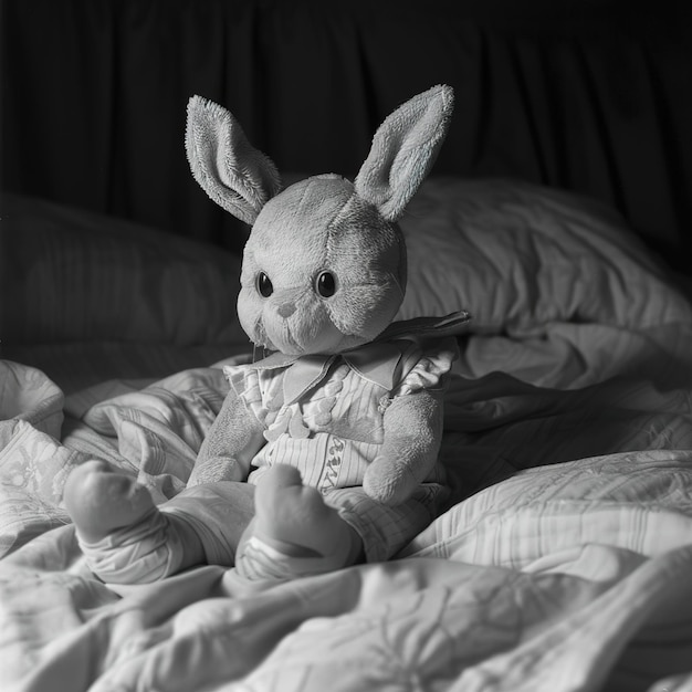 wypchany królik jest na łóżku z kocem