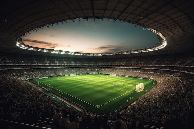 Wypełnieni gracze stadionu z flagami akcji machającymi emocjami w piłkarskiej generacji IA