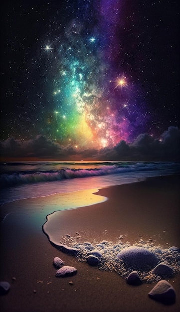 Wypełnione gwiazdami niebo nad plażą obok generatywnej ai oceanu