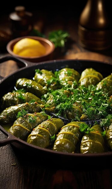 Zdjęcie wypełnione liście z oliwą z oliwek tradycyjna kuchnia turecka