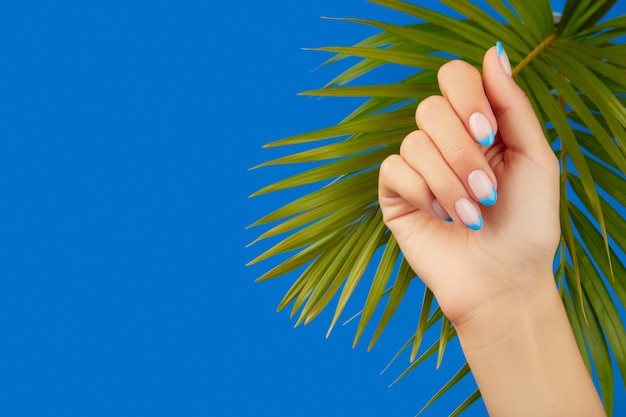 Wypielęgnowana ręka kobiety z liściem palmowym Płaski widok z góry koncepcja wakacji na plaży
