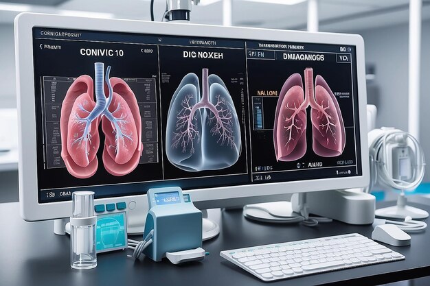 Zdjęcie wyposażenie mechaniczne do wentylacji, ekran nad sprzętem, diagnozowanie zapalenia płuc, wentylacja płuc za pomocą tlenu, identyfikacja pandemii covid-19 i koronawirusa