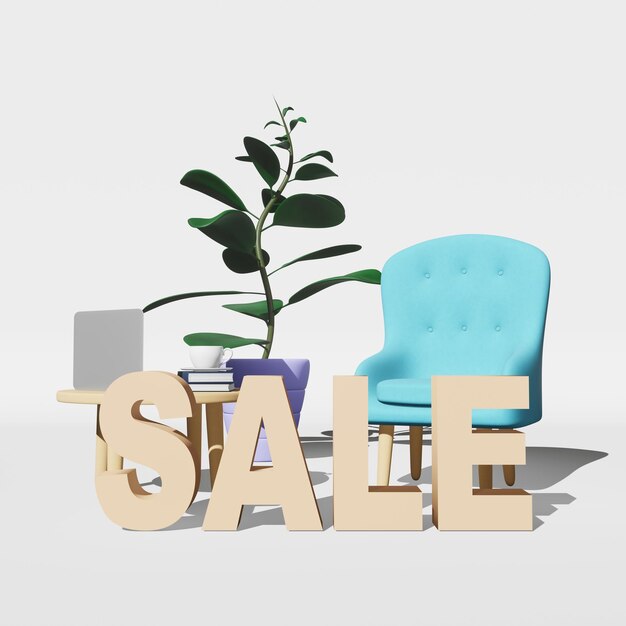 Wyprzedaż mebli Miękki fotel stół laptop filiżanka kawy książki roślina białe tło Renderowanie 3D Pokój dzienny kanapa demonstracja przestrzeń robocza wnętrze kawiarni minimalistyczny styl Przytulny projekt holu domowego Zakupy