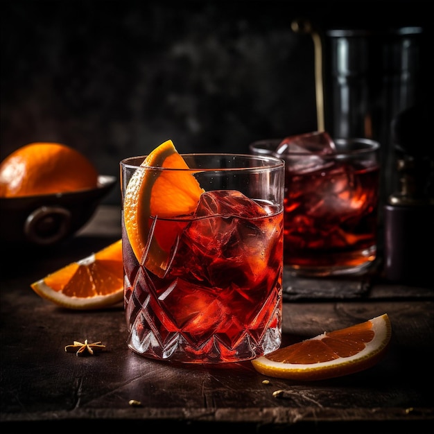 Wyrafinowany koktajl negroni wykonany z ginu campari wermutu i skórki pomarańczy