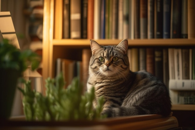 Wyrafinowany kot Kot w nowoczesnym mieszkaniu otoczonym książkami