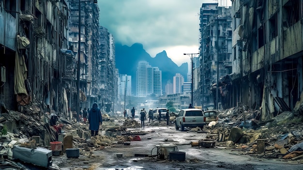 Wyraźny kontrast miejski, gdzie na pierwszym planie widoczna jest zniszczona ulica z ruinami i gruzami wskazującymi na
