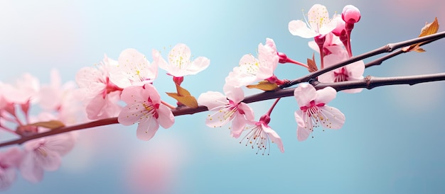 Wyraźny obraz wiosennej natury z różowymi kwiatami na gałęzi wiśni na pastelowo niebieskim tle