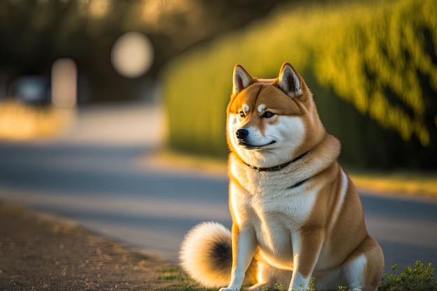 Wyrównanie portretu zewnętrznego Latem przy drodze czeka pies Shiba Inu