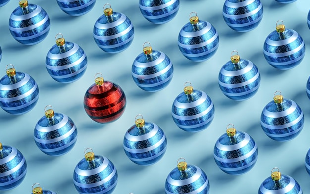 Zdjęcie wyróżniająca się piłka świąteczna koncepcja czerwony niebieski renderowanie 3d