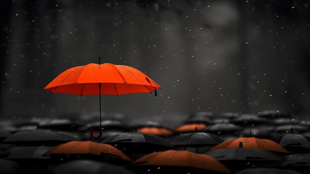 Wyróżnij się w tłumie Samotny pomarańczowy parasol wśród czarnych