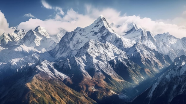 Wyrusz w podróż przez majestatyczne pasmo górskie, gdzie ośnieżone szczyty malują malowniczą scenerię na tle ciemnoniebieskiego nieba Wygenerowane przez AI