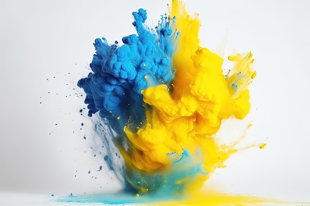 Wysadzili kolorowe plamy farby w kolorach żółtym i niebieskim na białym tle generatywne AI