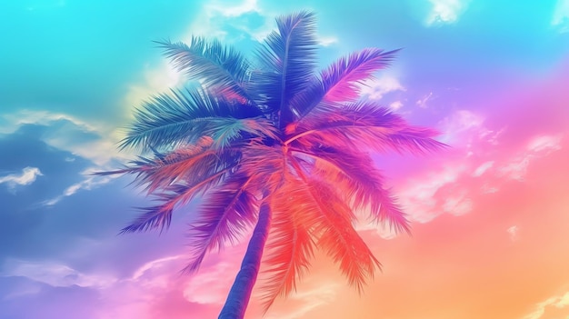 Wyściełana palma na fundamencie nieba uwarunkowana energetycznymi, posypanymi tęczowymi neonowymi pastelowymi kolorami Zasoby kreatywne AI Generated