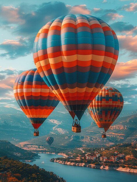 Zdjęcie wyścig balonów na gorącym powietrzu na czystym niebie