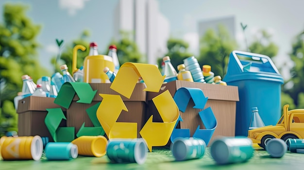 Zdjęcie wysiłki w zakresie recyklingu żywy wyświetlacz symboli recyklingu pojemniki i różnorodne materiały nadające się do recyklingu promujące zrównoważony rozwój środowiska w zakresie zarządzania odpadami materiały do zarządzania odpadami żywy karton