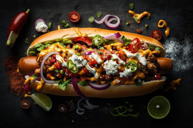Wyśmienicie duży hot dog z asortowanymi dodatkami ai generatywna ilustracja