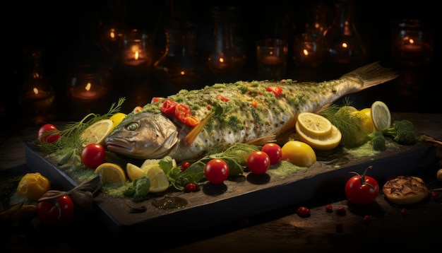 Wyśmienita ryba pieczona w stylu gastronomicznym, mistrzowsko ugotowana do perfekcji w smażonej patelni.