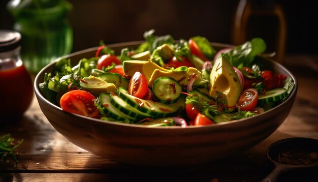 Wyśmienita wegetariańska salaterka ze świeżymi składnikami organicznymi wygenerowanymi przez sztuczną inteligencję