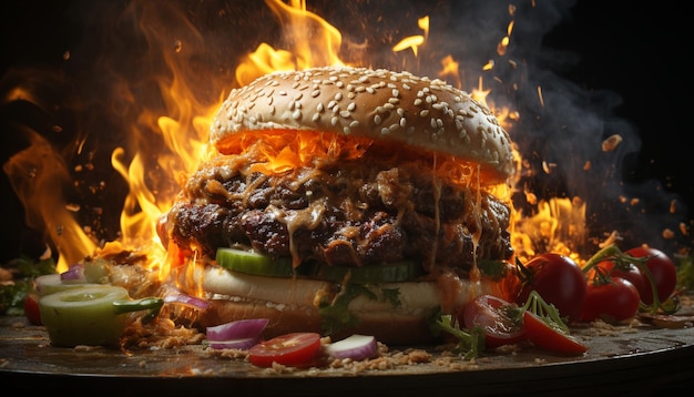 Zdjęcie wyśmienity posiłek z grillowanego burgera wołowego gotowanego na płomieniu na stole piknikowym wygenerowanym przez sztuczną inteligencję